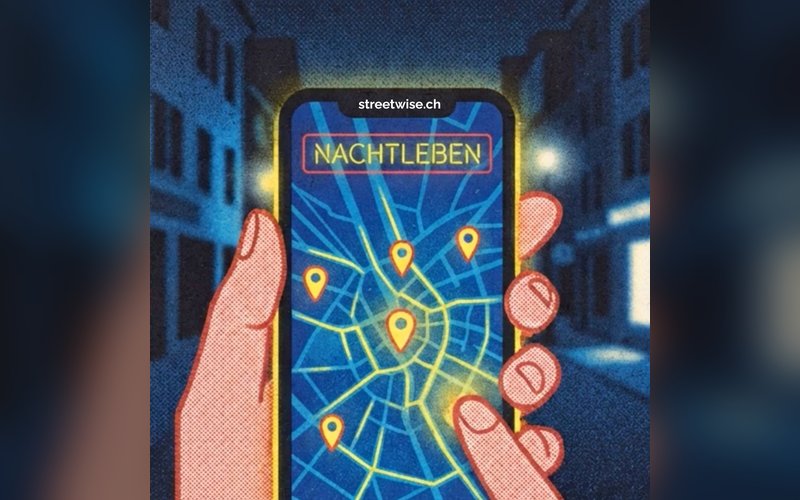 Illustration: Hand hält ein Handy mit der Nachtleben-Karte von Basel
